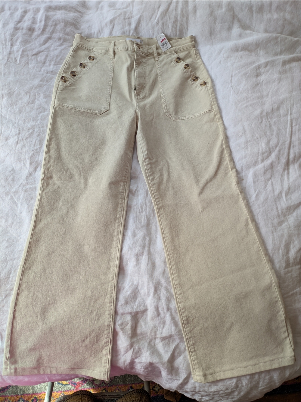 LOFT Wide Leg Button-Detail Pants in Cream